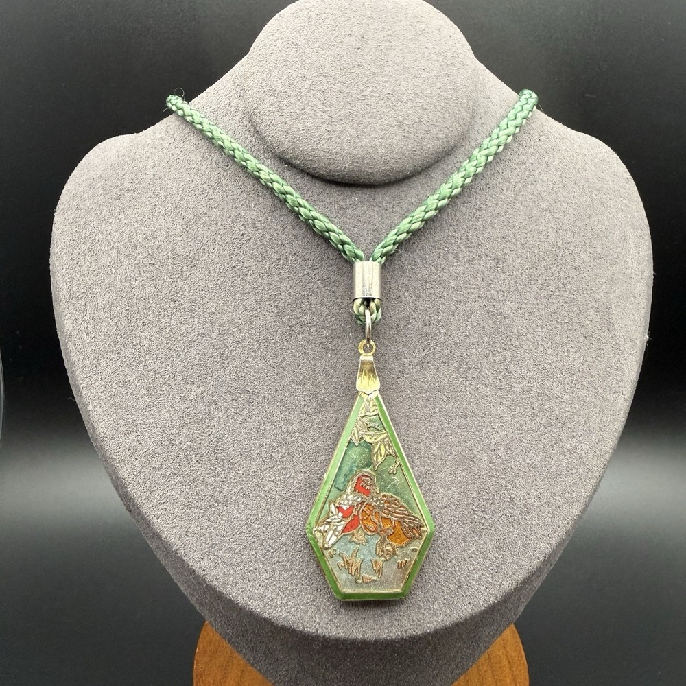 Vintage Cloisonné Enamel Bird Duck Pendant Gold Tone Green Braided Cord Necklace